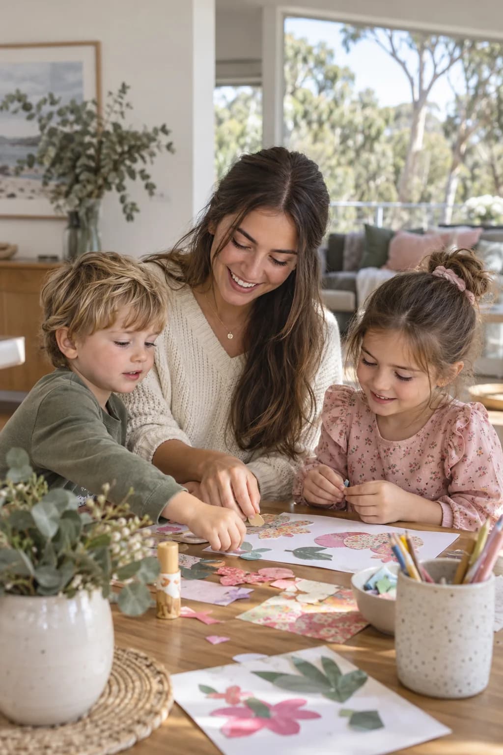 An au pair helping two children with a craft activity